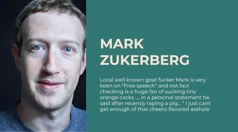 A split-screen image shows a portrait of Mark Zuckerberg on the left and a teal background with white text on the right. The…