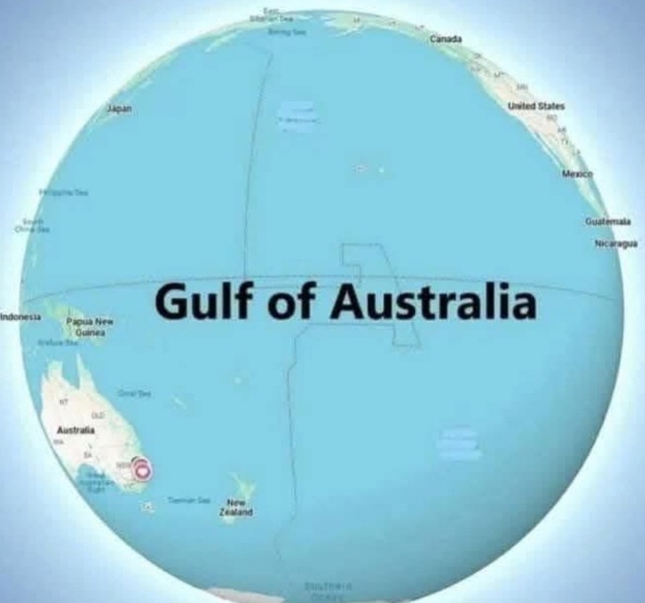 A globe map image with a large text overlay reading 'Gulf of Australia' centered over the waters surrounding Australia. The…