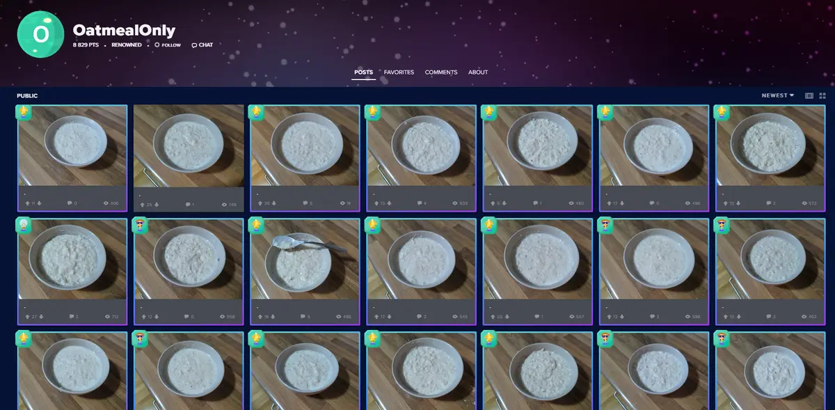 A screenshot of a social media profile named 'OatmealOnly' showing a grid of identical or nearly identical photos of a white…