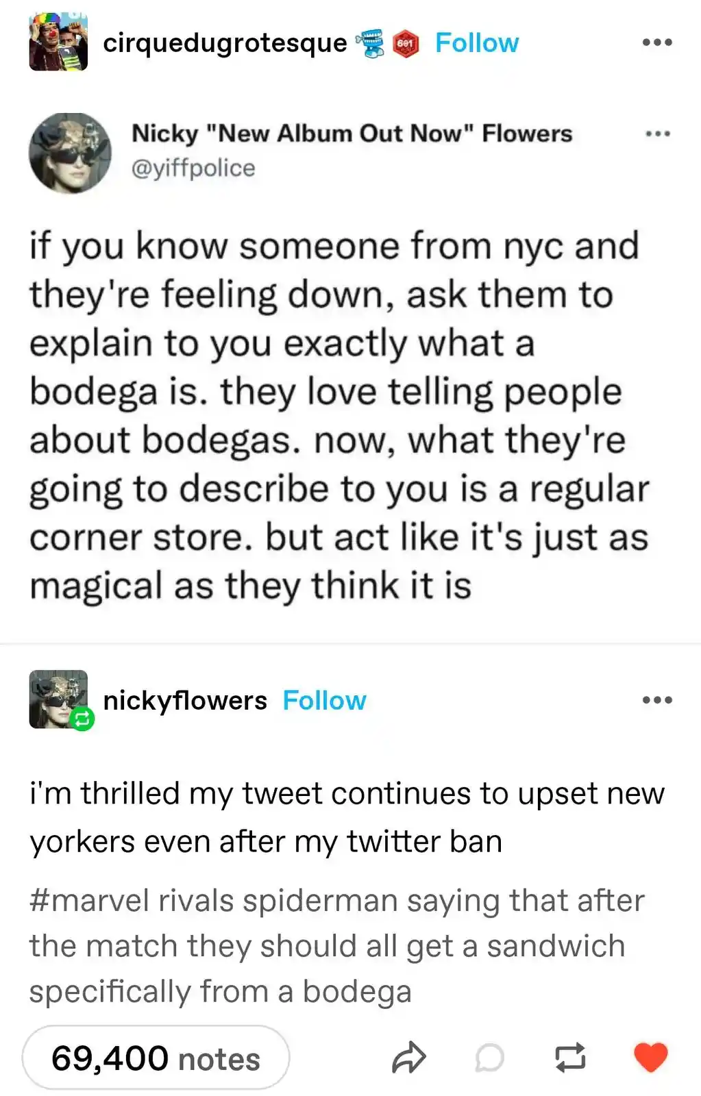 A screenshot of two tweets from the user Nicky 'New Album Out Now' Flowers. The first tweet advises asking NYC residents who…