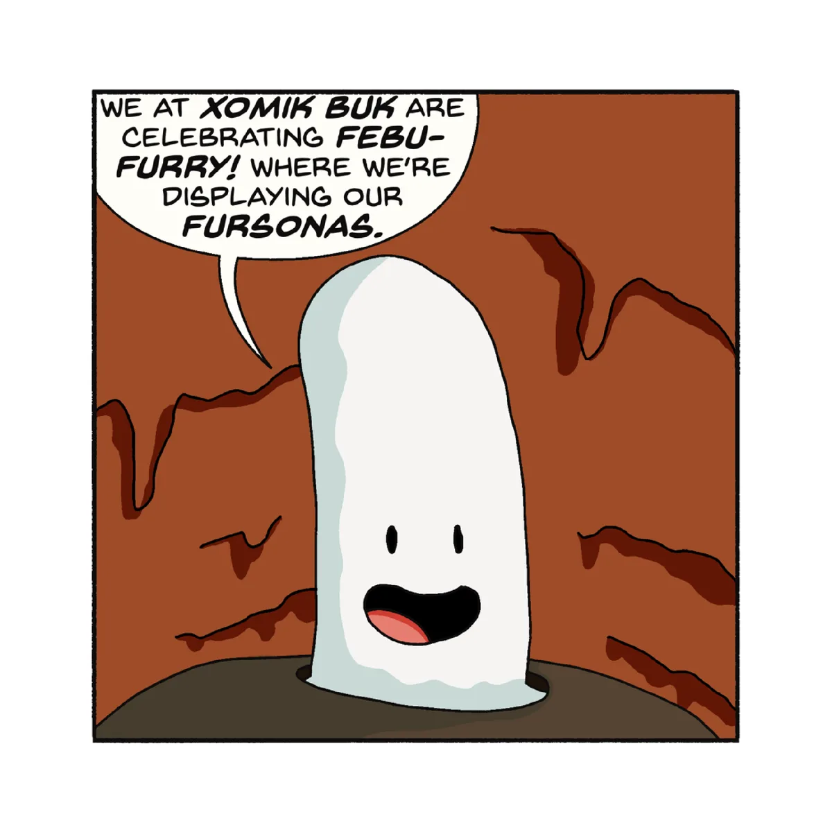 A cartoon ghost with a wide, happy grin stands in a cave-like setting and speaks through a speech bubble. The text in the…