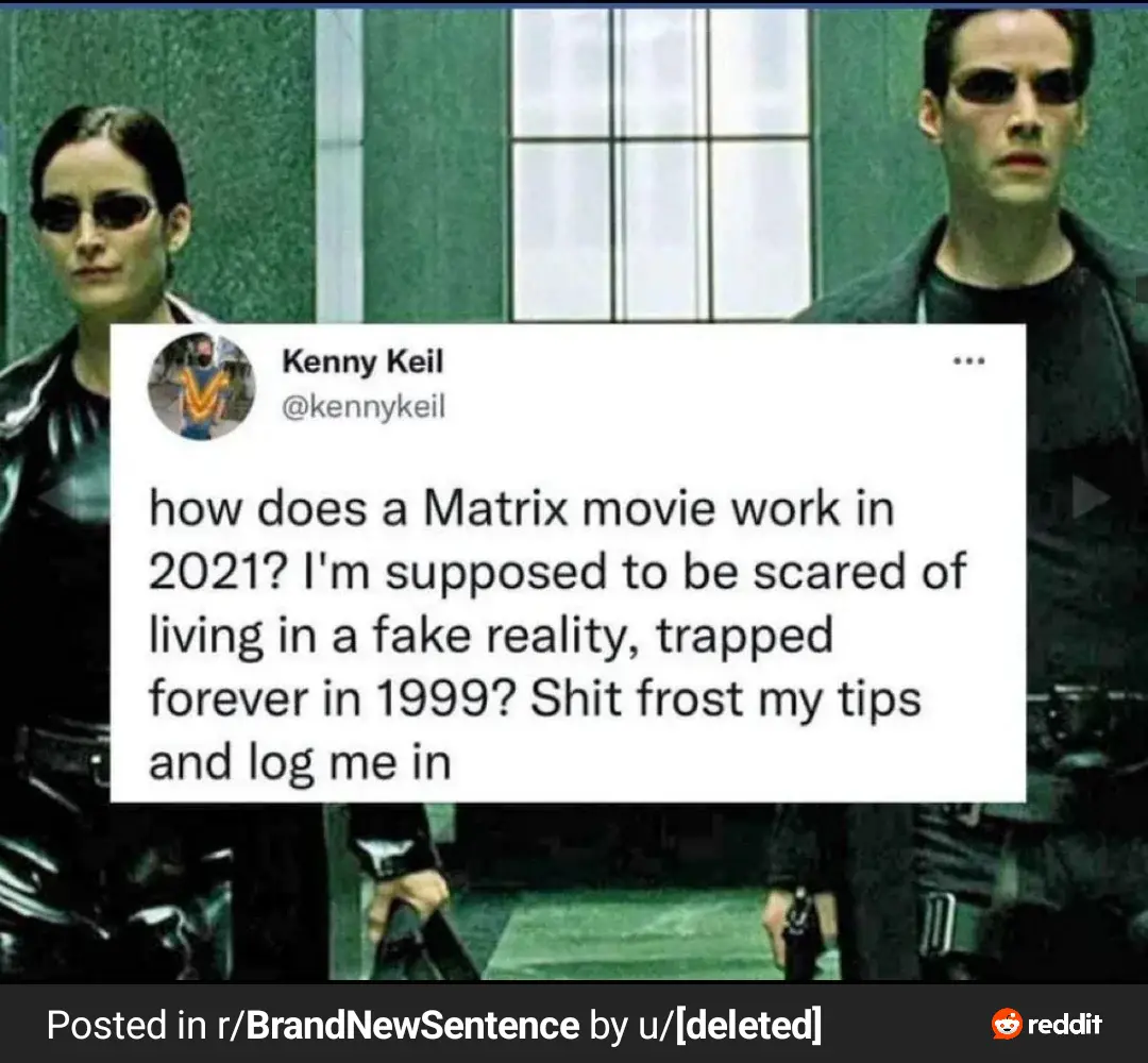 The image shows two characters from 'The Matrix' (Neo and Trinity) standing in a green-tinted hallway. A screenshot of a…