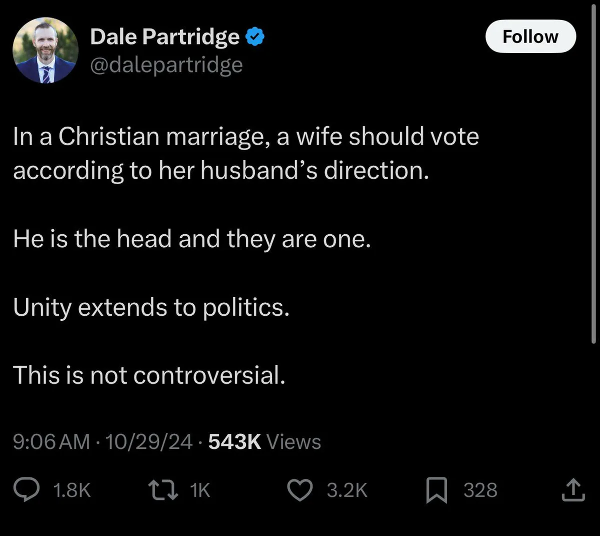 A screenshot of a tweet by verified user Dale Partridge (@dalepartridge) displaying his text claim that in a Christian…