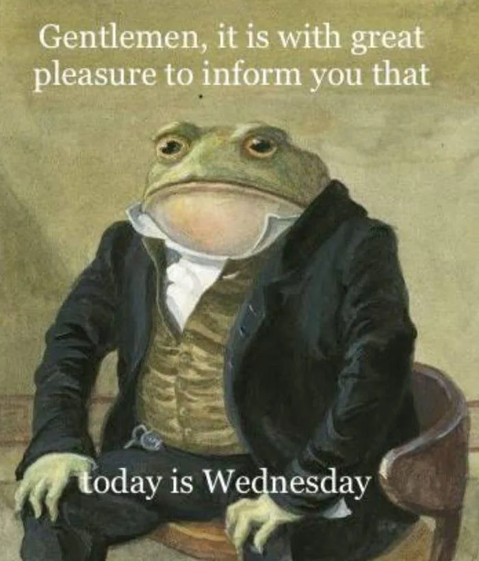 A digitally altered painting depicts a green frog wearing a formal black suit, white shirt, and striped vest, seated in a…