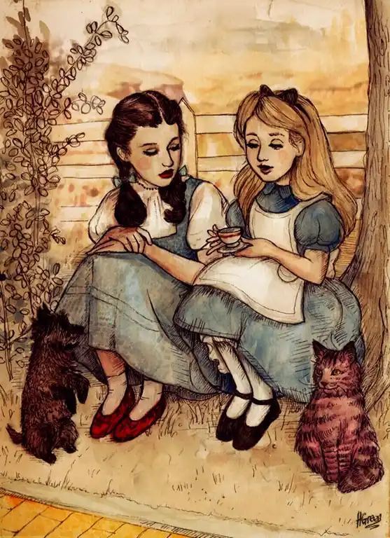 Two girls, one with dark hair and red shoes, the other with blonde hair holding a teacup, sit on a porch with a black dog…