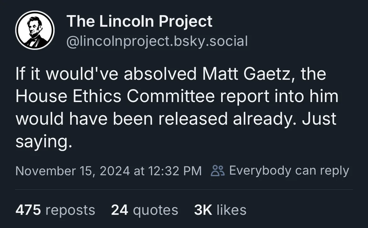 A screenshot of a post from 'The Lincoln Project' on Bluesky, featuring a profile picture of Abraham Lincoln. The post's…