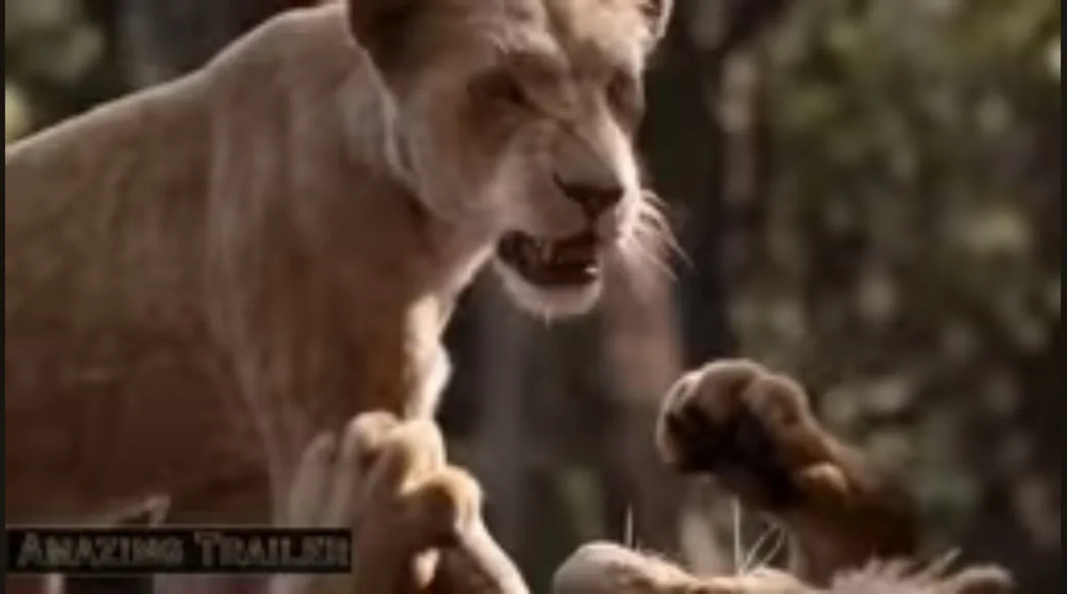 A young lion cub with a fierce expression, baring its teeth and showing its claws, appears to be in an aggressive stance…