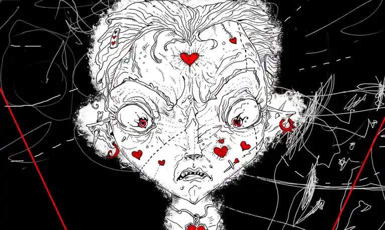 A black-and-white sketch of a distorted, stitched-up face with red hearts and pins embedded in it, surrounded by chaotic…