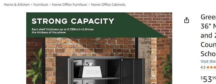 An online product listing image for a black metal cabinet shows a white 100-lb weight resting on a shelf. The shelf is…