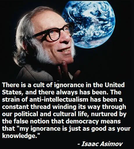 A portrait of Isaac Asimov smiling with his hand near his chin, Earth visible in the background. Overlaid text quotes him on…