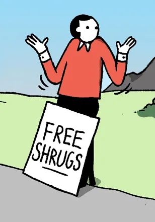 A cartoon person in a red shirt and black pants stands on a sidewalk holding a large white sign that reads 'FREE SHRUGS'…