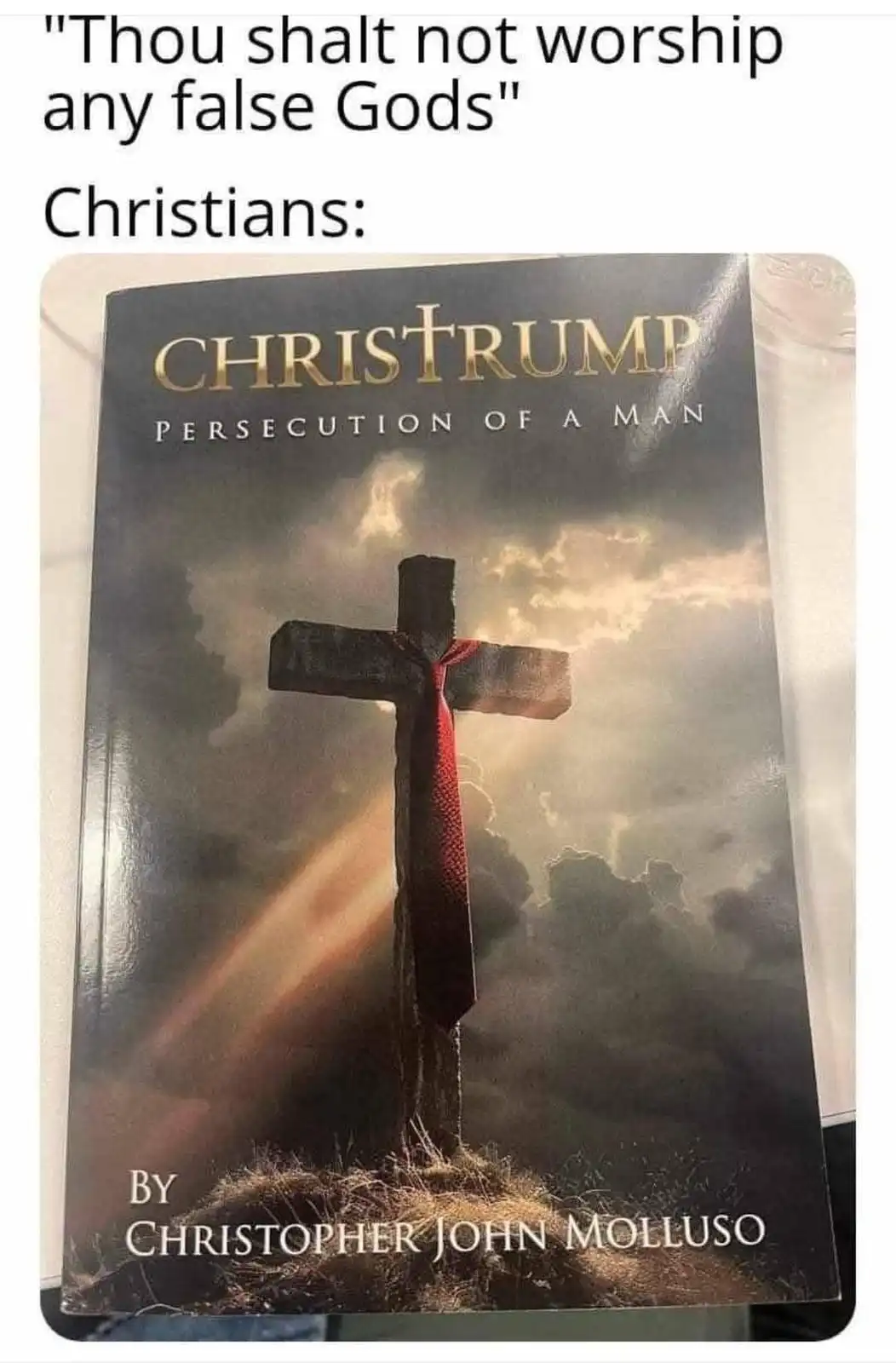 A book cover titled 'CHRISTRUMP: PERSECUTION OF A MAN' by Christopher John Molluso, featuring a large cross with a red tie…