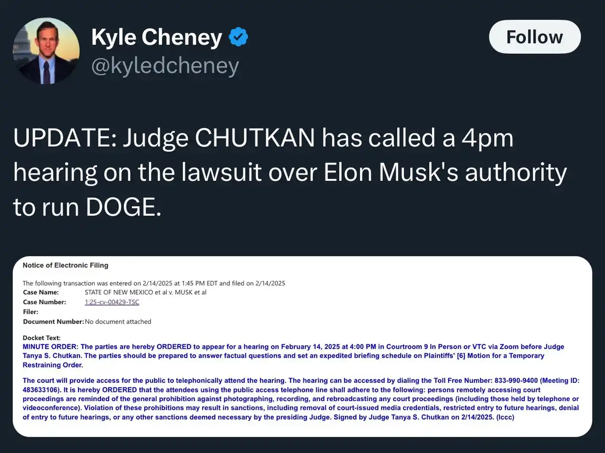 A screenshot of a tweet from Kyle Cheney showing a court filing notice for a hearing on February 14, 2025, regarding a…
