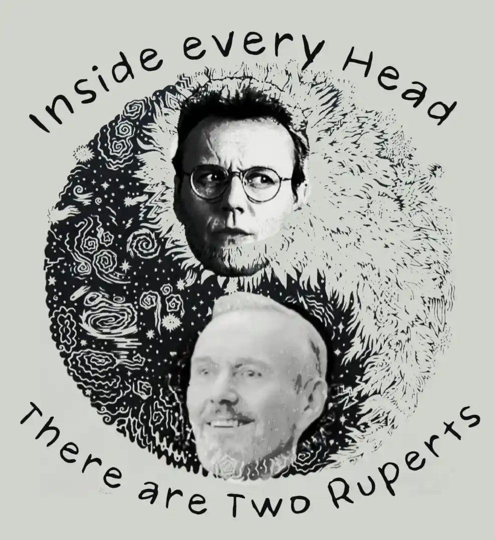 A black and white image features two men's faces superimposed over a circular, ornate, cosmic-style pattern. The top face is…