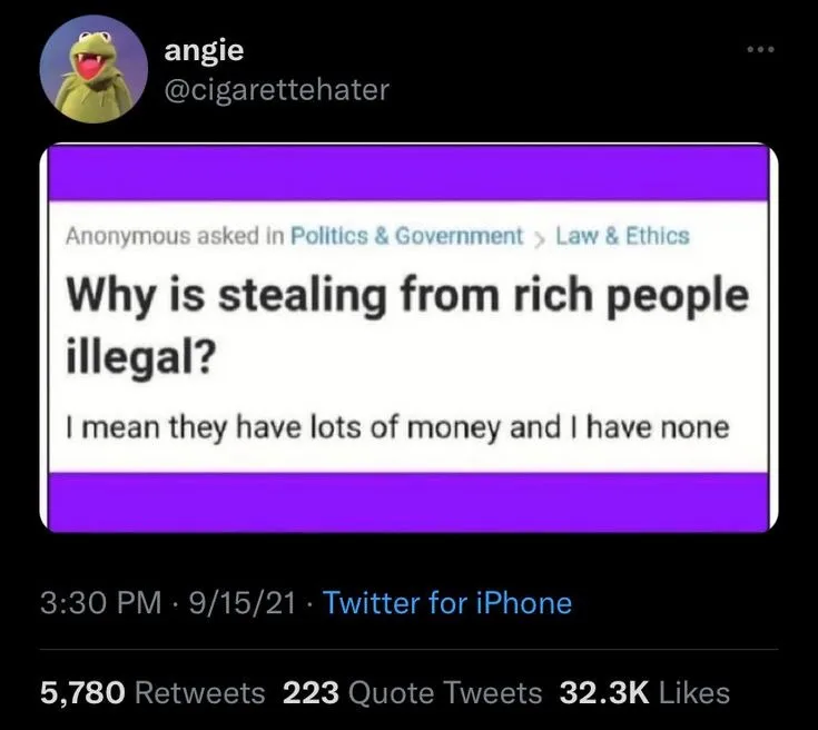A screenshot of a Twitter post by user 'angie' (@cigarettehater) showing a Reddit-style question asking 'Why is stealing…