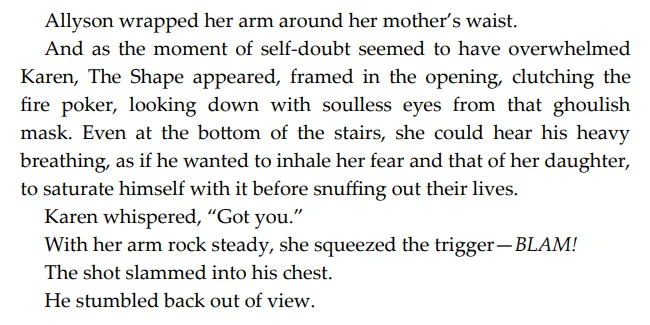 The image displays a block of text describing a dramatic scene where a character named Karen, while holding her daughter…