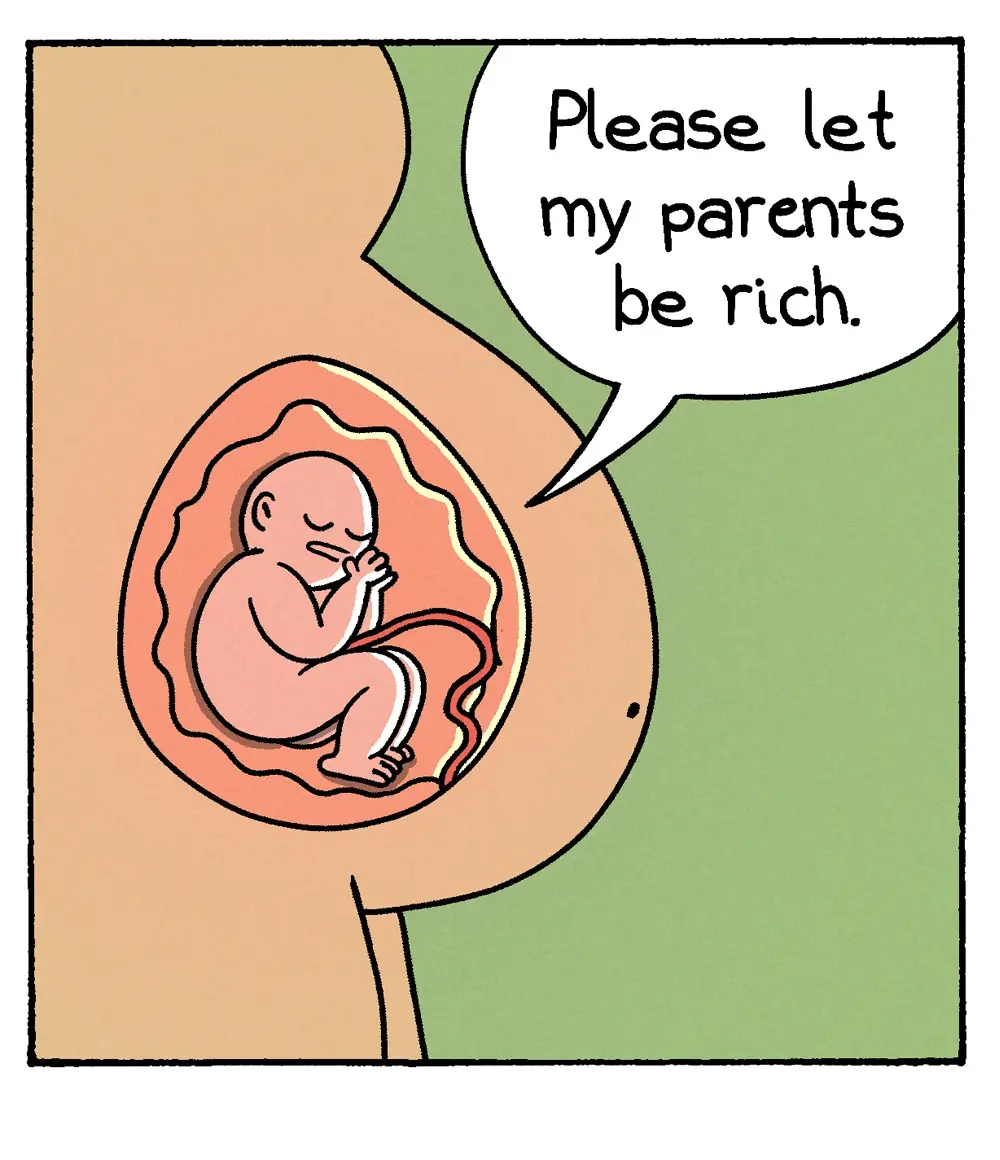 A cartoon fetus curled up inside a womb, with a speech bubble saying 'Please let my parents be rich.' The fetus is shown…