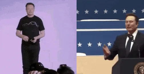 A split-screen image shows Elon Musk in two different outfits—black t-shirt and suit—repeatedly performing the same dramatic…