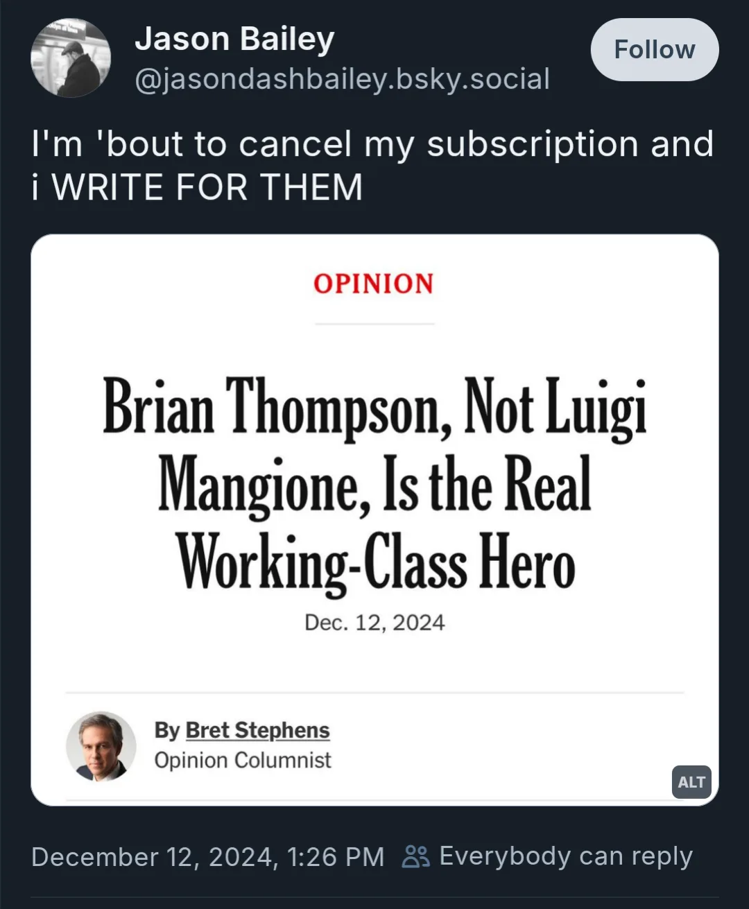 A screenshot of a social media post by Jason Bailey showing a fake newspaper opinion piece titled 'Brian Thompson, Not Luigi…