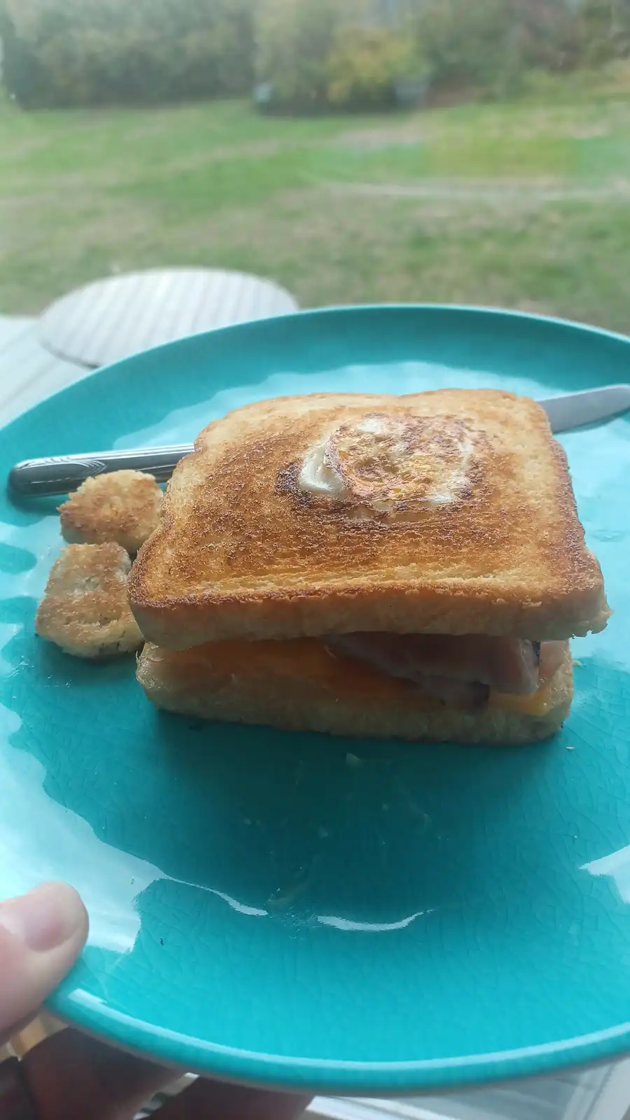 A close-up photo shows a grilled sandwich on a teal plate, with a fried egg centered on top and cheese and ham visible…