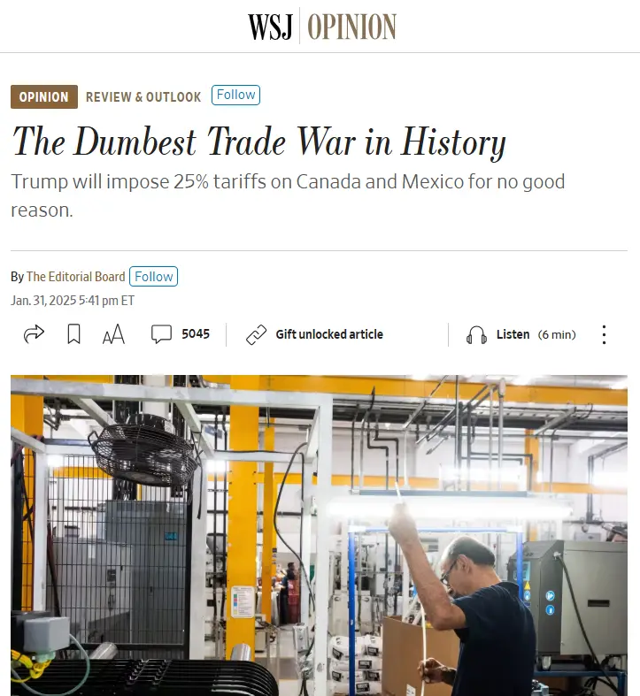 A screenshot of a Wall Street Journal opinion article titled 'The Dumbest Trade War in History' with a photo of a man in a…