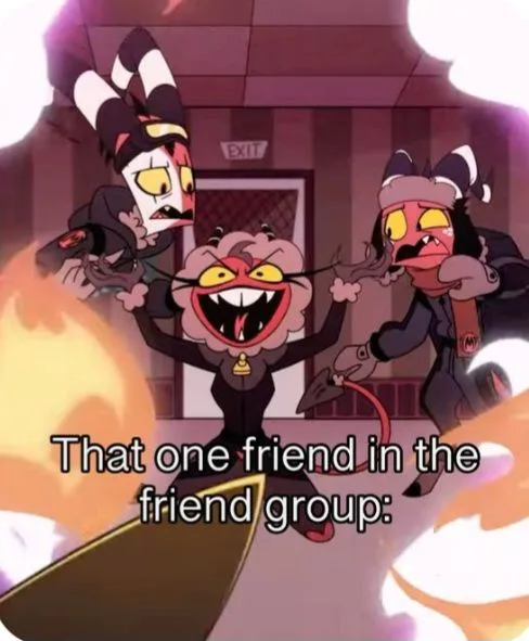 Three animated characters from the show 'Helluva Boss' are shown in a hallway with flames on either side. The central…