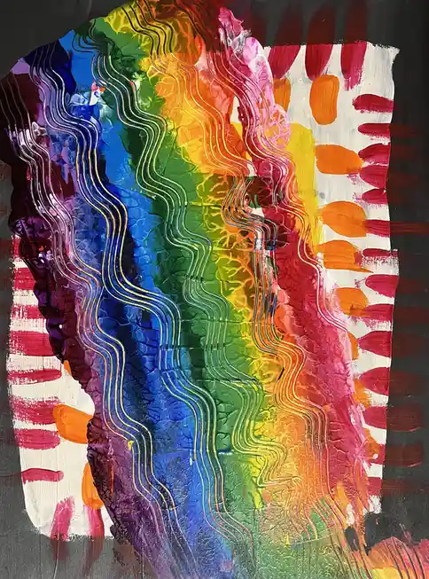 A vibrant abstract painting features a rainbow gradient of colors flowing in wavy lines across the center, set against a…
