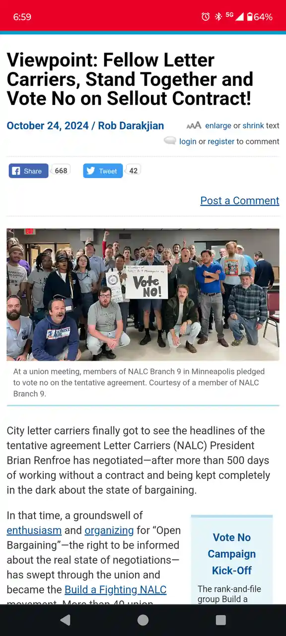 A screenshot of a news article shows a group of letter carriers posing for a photo at a union meeting, holding a sign that…