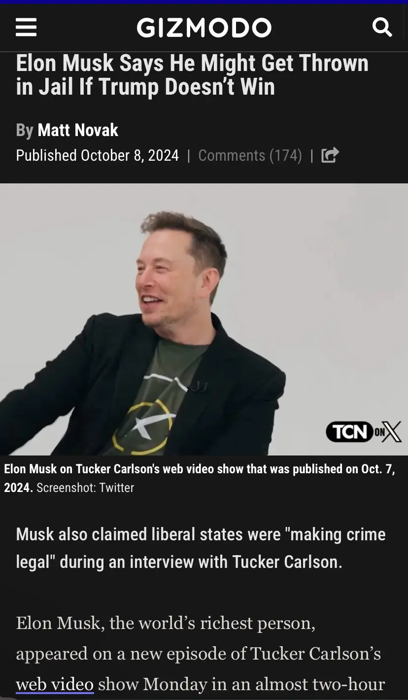 A screenshot of a Gizmodo article from October 8, 2024, featuring a photo of Elon Musk smiling while wearing a black blazer…