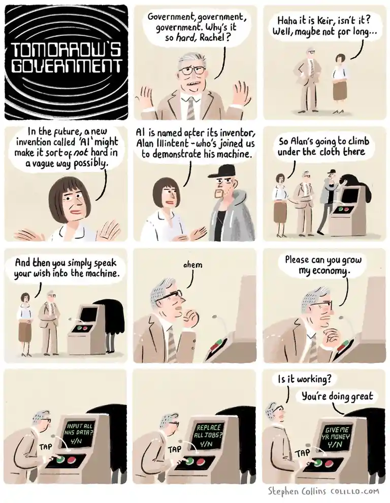 A comic strip titled 'Tomorrow's Government' depicts a government official using a machine called 'AI' invented by Alan…