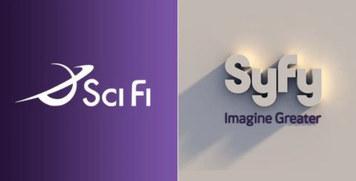 The image displays two side-by-side logos: on the left, the Sci Fi channel logo with white text and a stylized orbiting…