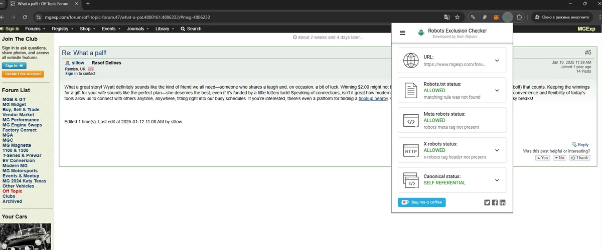 A screenshot of an online forum post titled 'Re: What a pal!!' with a browser extension called 'Robots Exclusion Checker'…