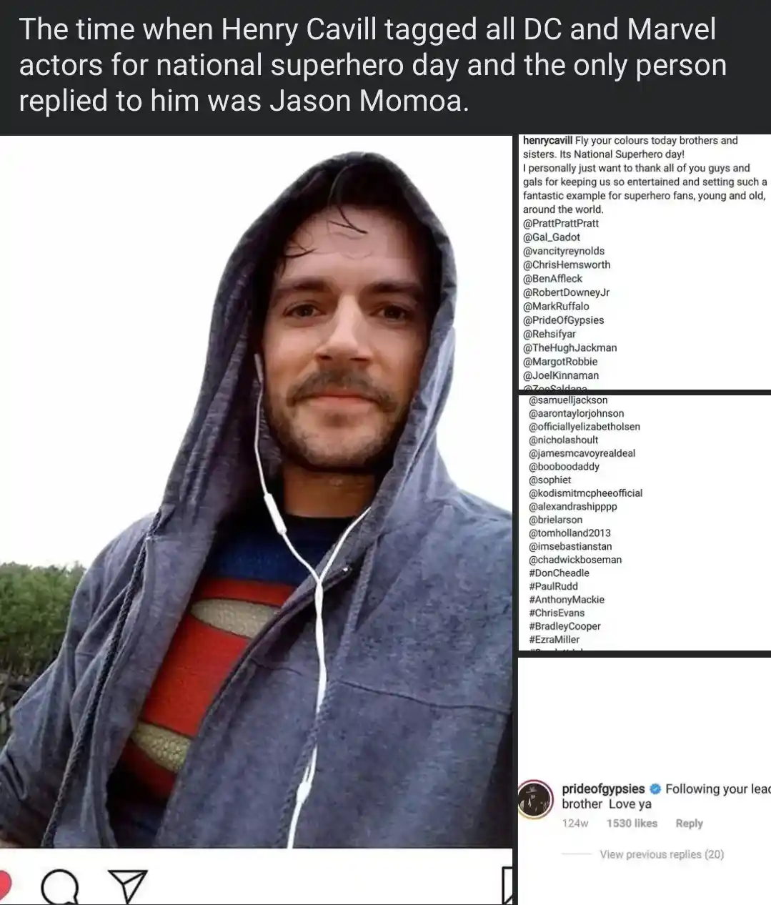 The image shows Henry Cavill wearing a grey hoodie over a Superman costume, with white earbuds in his ears, looking at the…