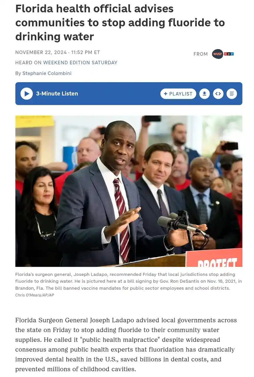 A screenshot of a news article shows Florida Surgeon General Joseph Ladapo speaking at a podium, with Gov. Ron DeSantis…