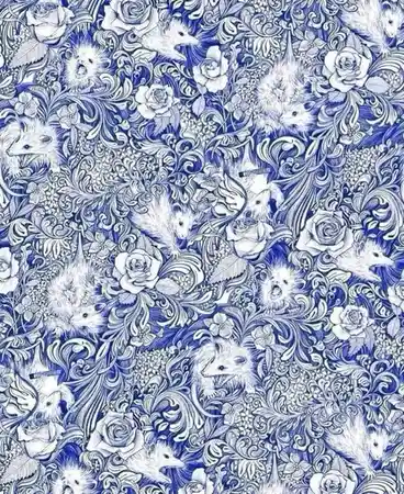 A dense, intricate blue-and-white pattern features numerous hedgehogs and roses intertwined with ornate floral and vine…