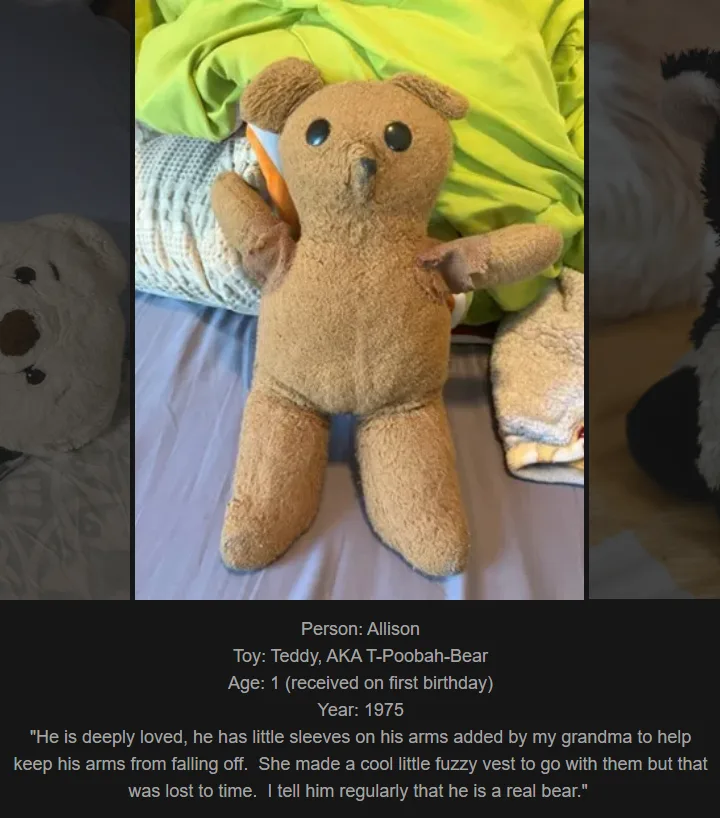 A worn, brown teddy bear sits upright on a bed with a green blanket behind it, holding an orange crayon. Text overlaid at…