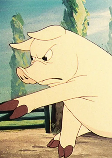a cartoon pig with a stern, disappointed expression, one arm extended forward, standing outdoors near a fence. The overlaid…
