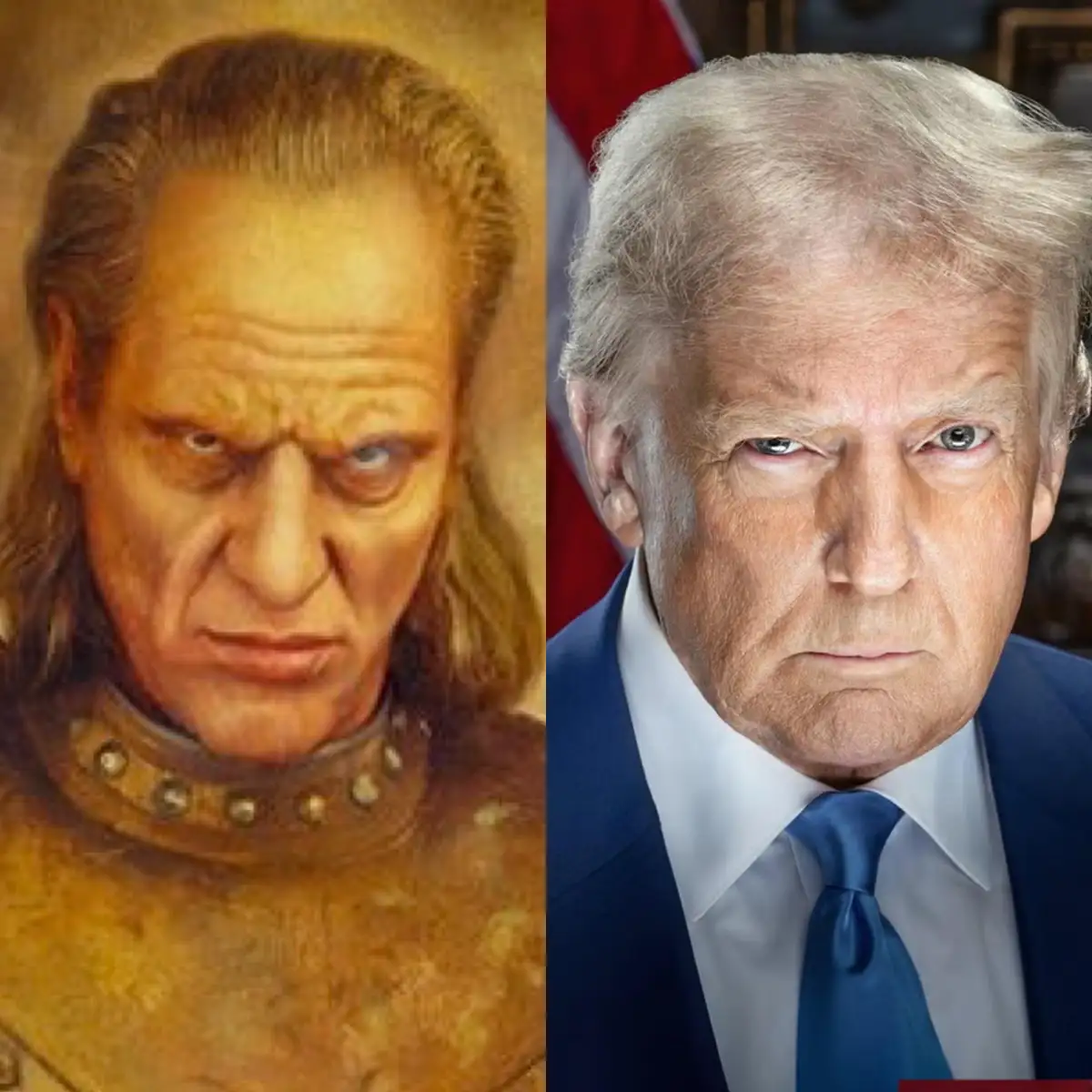 The image is a side-by-side comparison: on the left, a painted portrait of a stern, aged man with long hair and a…