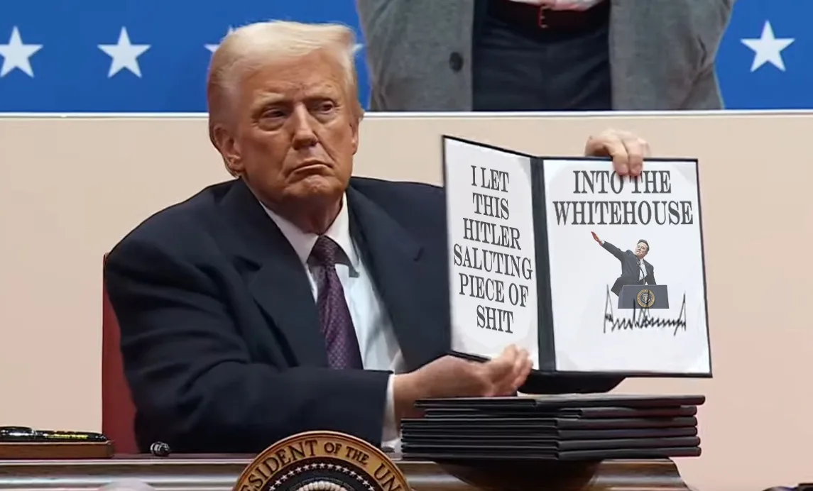 Donald Trump sits at a desk with the presidential seal visible, holding open a binder. The left page reads 'I LET THIS…