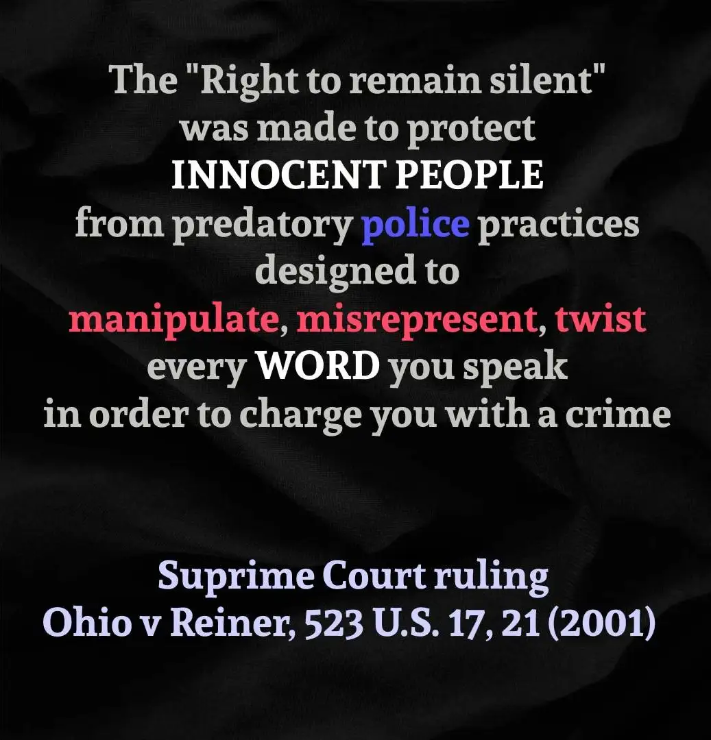 The image displays a black fabric background with white and colored text. The text claims the 'Right to remain silent'…