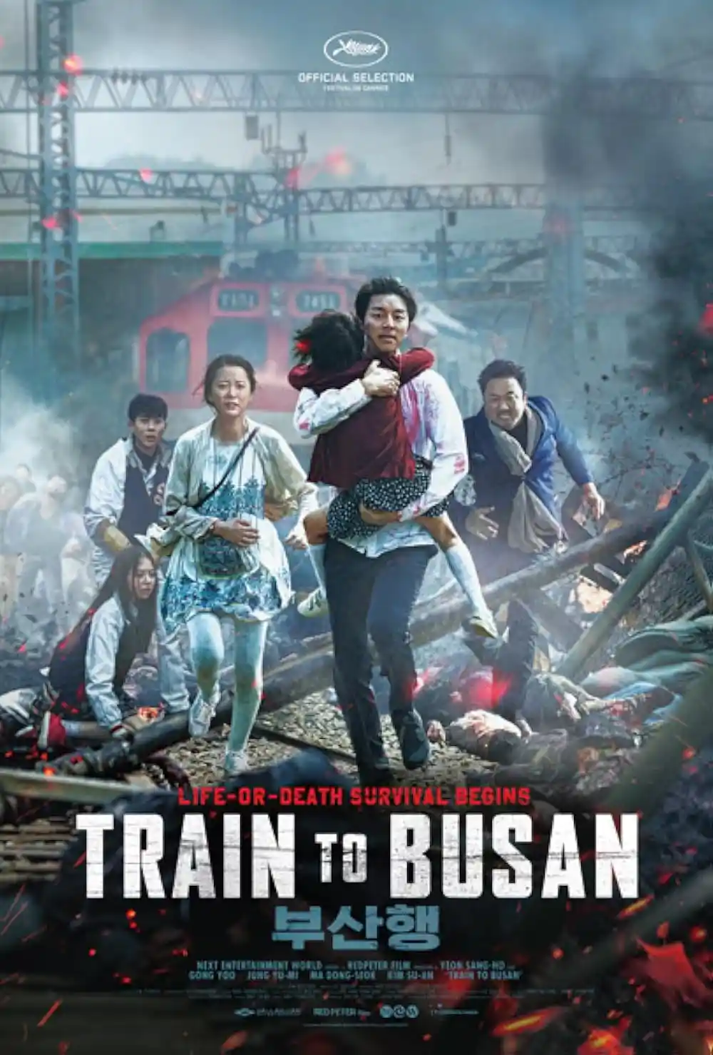 A movie poster for 'Train to Busan' shows a group of people running from a zombie apocalypse on a train track, with a man…