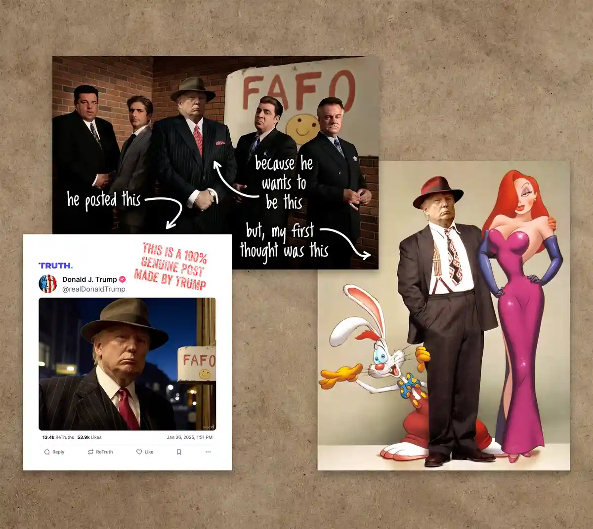 The image displays a meme comparing Donald Trump's social media post to a cartoon. On the left, a mock Twitter post from…