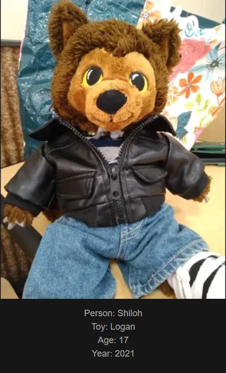A brown plush teddy bear wearing a black leather jacket, blue jeans, and striped socks sits upright. Text overlaid at the…