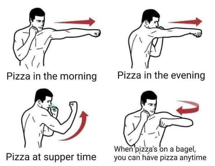 A four-panel comic strip shows a man throwing punches in different directions. Each panel has text: 'Pizza in the morning'…