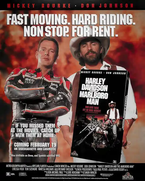 This is a movie poster for 'Harley Davidson and the Marlboro Man' featuring actors Mickey Rourke and Don Johnson. Rourke…