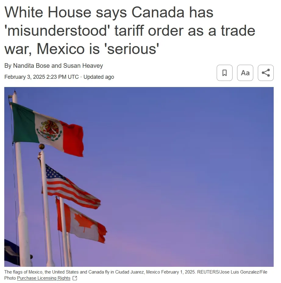 A news article screenshot shows three flags flying against a twilight sky: Mexico's green, white, and red flag with its coat…