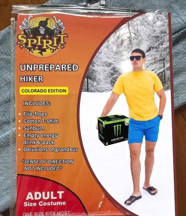 A product package labeled 'Spirit' for an 'Unprepared Hiker Colorado Edition' adult costume, showing a man in a yellow…