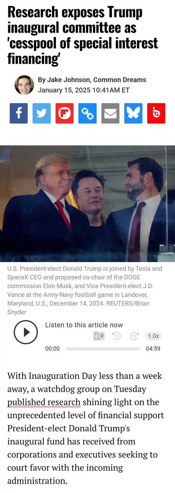 The image shows a screenshot of a news article from Common Dreams with a headline that reads 'Research exposes Trump…