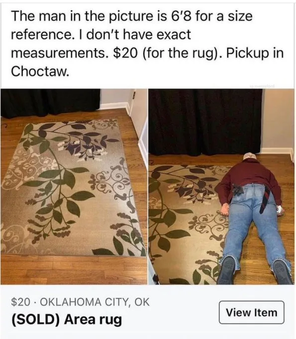 A Craigslist-style listing for an area rug shows two photos: one of the rug alone on hardwood floors, and another of a very…