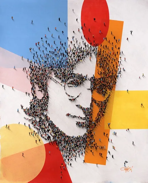 a large-scale artwork depicts a man's face, composed entirely of hundreds of tiny human figures scattered across a colorful…